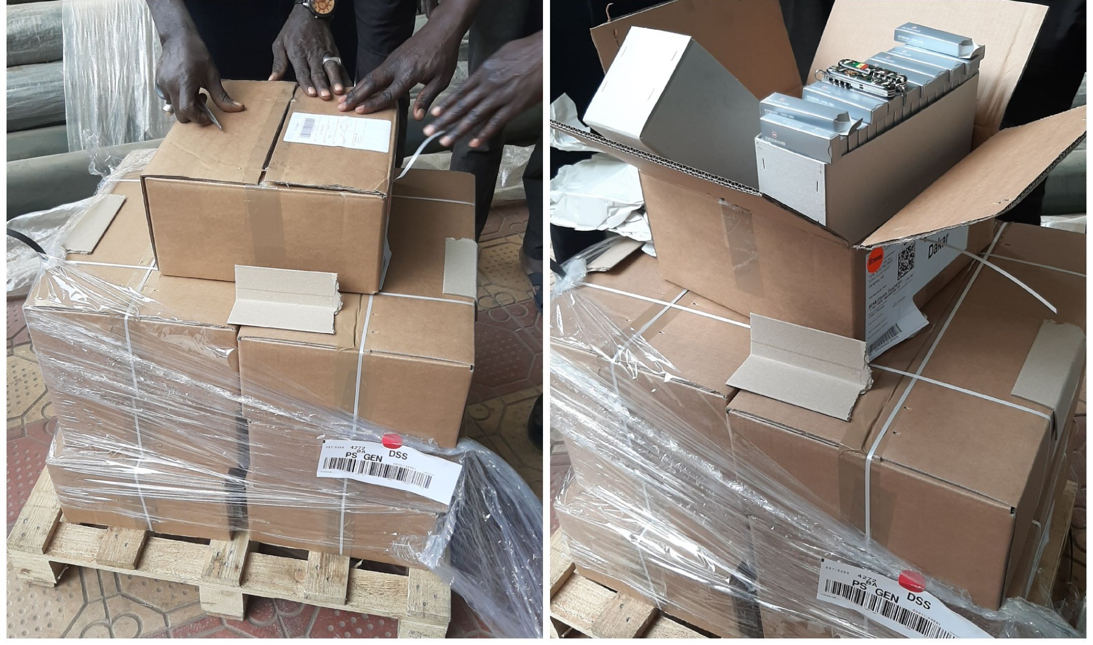 Colis et boîtes Victorinox sur des palettes