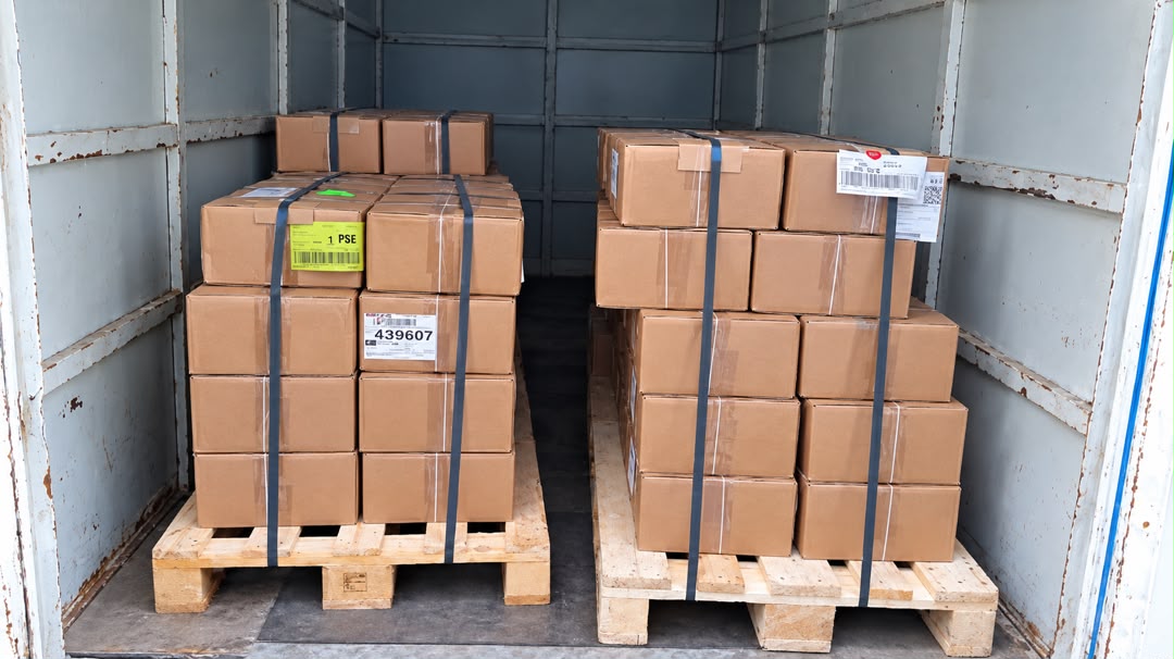 Deux palettes de cartons dans le véhicule de transport